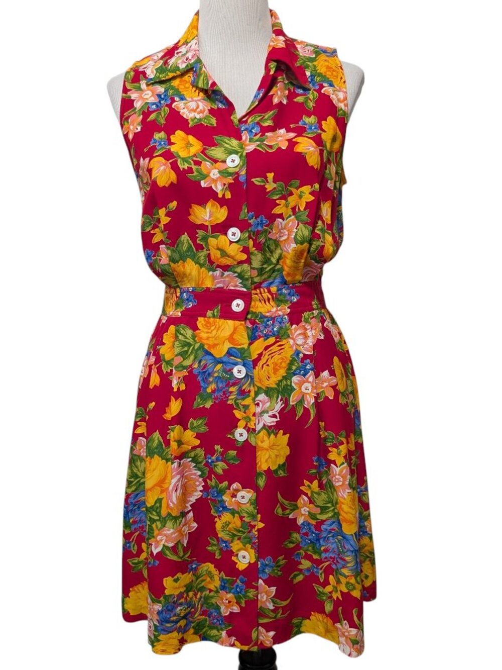 Vintage Banana Republic Womens Size 8 Red Bright Floral Button Front Rayon Dress